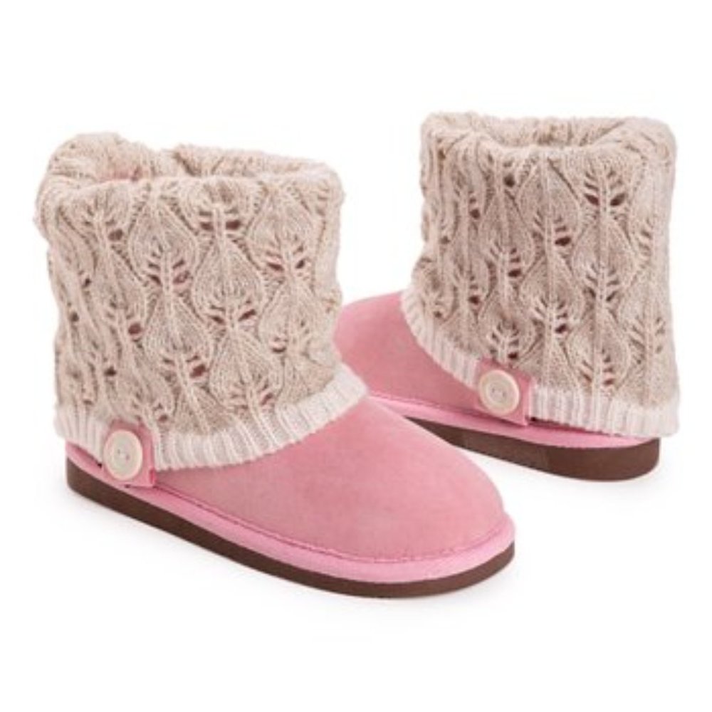 NWT Muk Luks Cream &Pink Leaf-Knit Cuff Patti Boot